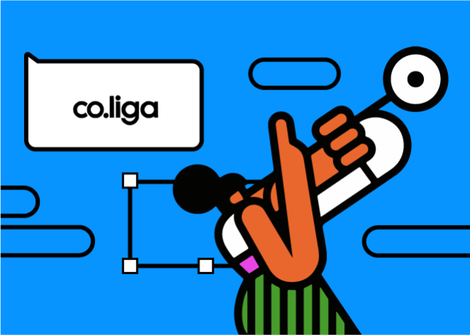 Personagem com um trompete em um fundo azul. Também um balão branco com a logo da iniciativa Coliga.