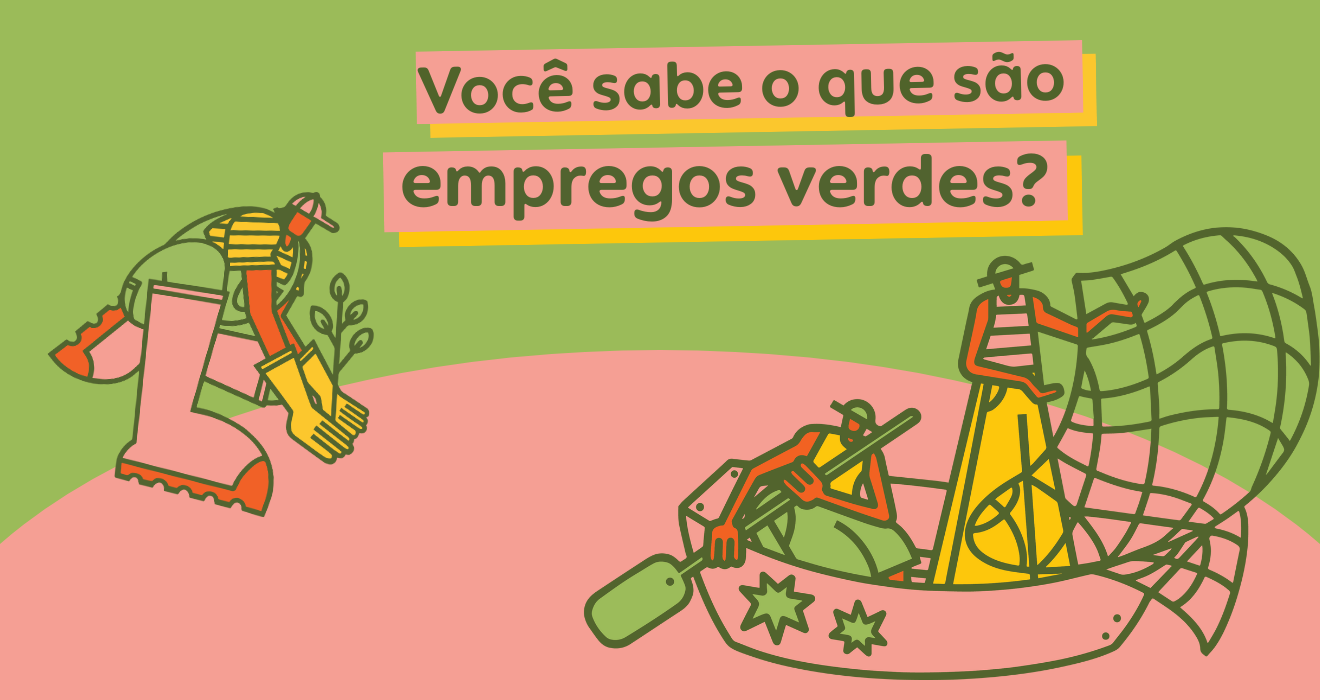 Ilustração de jovens pescando e plantando mudas de árvore