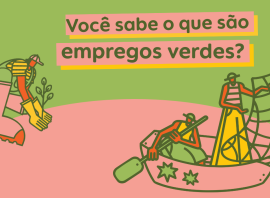 Ilustração de jovens pescando e plantando mudas de árvore
