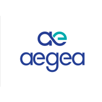 "AEGEA" - Logo da empresa acima em degradê azul e verde; Palavra Aegea abaixo descrito em azul.