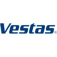 Vestas escrito em azul sobre um fundo branco